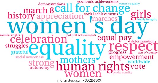 Women's Day word cloud on a white background. 