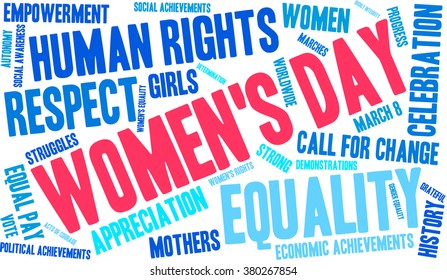 Women's Day word cloud on a white background. 