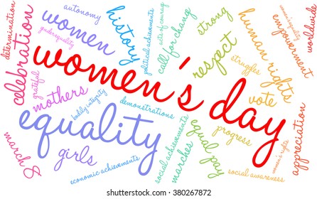 Women's Day word cloud on a white background. 
