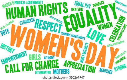 Women's Day word cloud on a white background. 