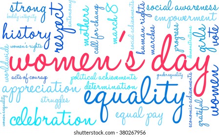 Women's Day word cloud on a white background. 