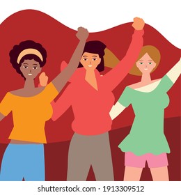 womens day, young women hands up together characters vector illustration