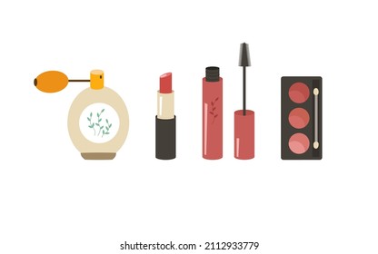 Women's decorative cosmetics set. Lipstick, shadows, blush, mascara, perfume. Isolated vector illustration. Clipart of items for personal care, applying makeup.