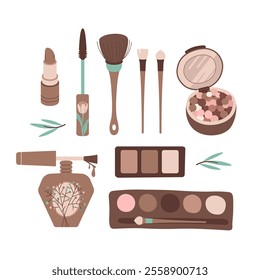 Women's decorative make up cosmetics set. Collection beauty elements. Mocha Mousse colors.