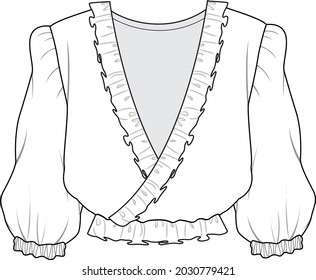 womens deep v neck bishop sleeve ruffle blouse top fashion flat sketch vector illustration template
