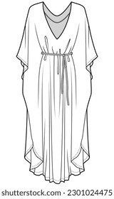 women's deep v neck flared flowy maxi dress flat sketch vector illustration technical cad drawing template