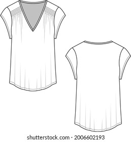 Womens Deep v neck Shoulder Fancy Pleated Gathering short sleeve t-shirt top flat sketch template technical drawing vector design