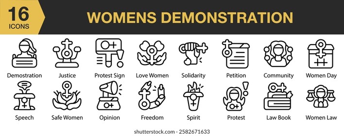 Women's Demonstration icon set. Includes woman, person, demonstration, protest, womens day, and More. Outline icons vector collection.