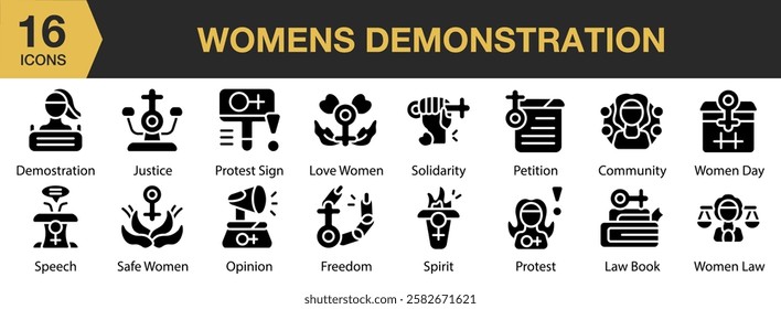 Women's Demonstration solid icon set. Includes woman, person, demonstration, protest, womens day, and More. Solid icons vector collection.