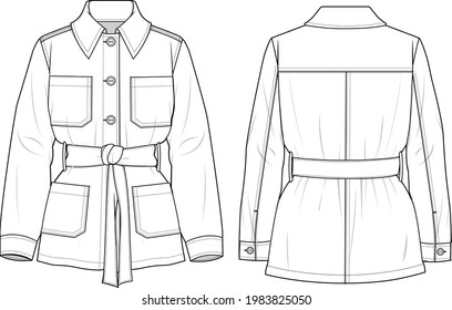 Women's Denim Belted Blazer Jacket- Jacket technical fashion illustration. Flat apparel jacket template front and back, white colour. Unisex CAD mock-up.