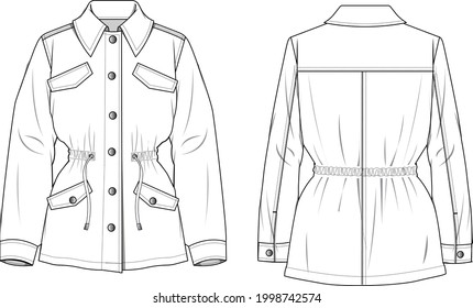 Chaqueta Elastic Waist Blazer de Denim para Mujeres - ilustración de moda técnica de Jacket. Plantilla de la chaqueta de ropa plana en la parte delantera y trasera, color blanco. Un simulacro de CAD de Unisex.