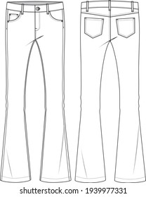 Women's Denim Flare Pants. Trousers technical fashion illustration with 5 pockets. Flat apparel flare template front and back, white colour. CAD mockup.