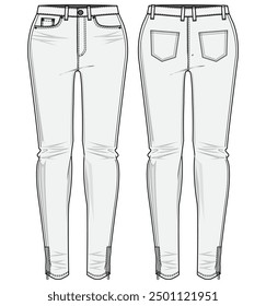 Women's denim jeans trouser pants front and back view flat sketch fashion illustration, five pockets denim pants vector template, Jegging flat sketch design