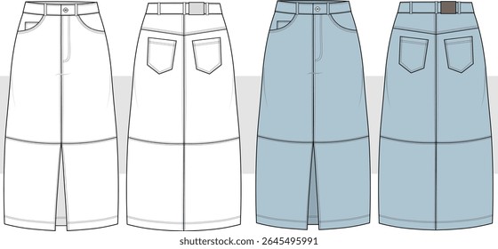 Women's denim midi skirt technical fashion drawing, illustration. Front and back pockets, front and back view, CAD, mockup set.