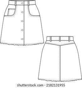 Women's Denim Mini-Skirt with Frayed Hem Fashion Technical Flat CAD Illustration Vector