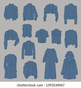 Women's denim outerwear, different models, isolated on gray background.
