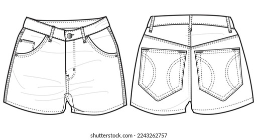 Womens Denim shorts front and back view flat sketch fashion illustration, Micro Denim shorts drawing vector template