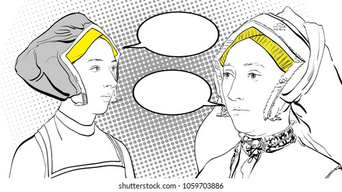 Women's dialog. Ladies in medieval dress. Medieval legend. Medieval women.