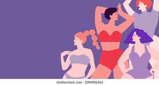 Mujeres de diferentes culturas bailando o parándose juntas. La amistad de las mujeres. Feliz Día de la Mujer. Día de la Madre. Venera, Venus hembra. Cuerpo positivo. Ropa interior. Morado. Veri pery.