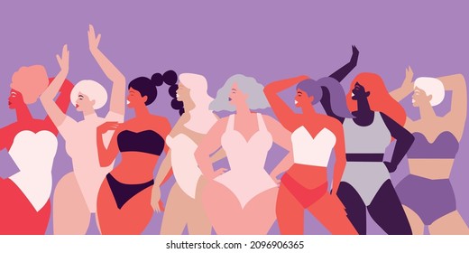 Womens of different cultures dancing or standing together. Women's friendship. Happy Women's day. Mother's Day. Venera, Venus female. Body positive. Underwear. Purple. Veri pery.