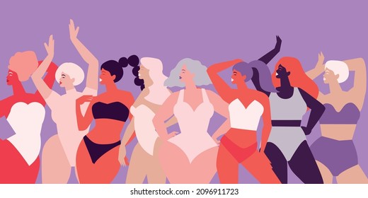 Mujeres de diferentes culturas bailando o parándose juntas. La amistad de las mujeres. Feliz Día de la Mujer. Día de la Madre. Venera, Venus hembra. Cuerpo positivo. Ropa interior. Morado. Veri pery.