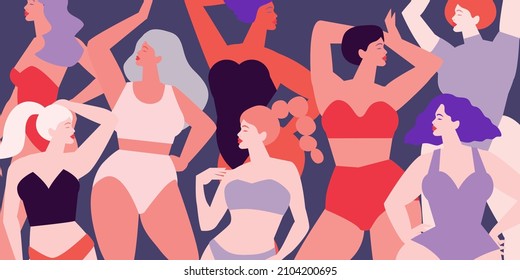 Womens of different cultures dancing or standing together. Women's friendship. Happy Women's day. Mother's Day. Venera, Venus female paper cut style. Body positive. Purple. Very peri.