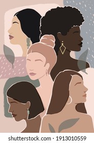 womens different faces of different ethnic groups. movement to empower women. International Women's Day. vector flat illustration
