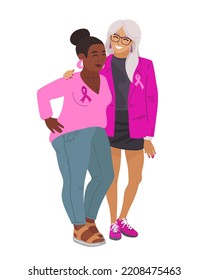 Womens diffrent nationalities. Vector illustration of breast cancer. Breast Cancer Awareness October. Silk ribbons and friendship.