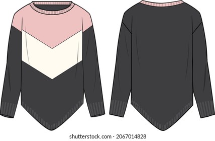 Women's Dippy Hem Chevron Colour-block Sweater- Sweater technical fashion illustration. Flat apparel sweater template front and back, colored. Women's CAD mock-up.