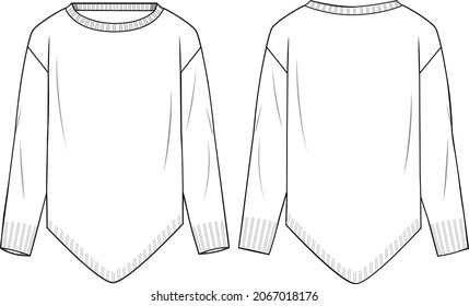 Women's Dippy Hem Sweater- Sweater technical fashion illustration. Flat apparel sweater template front and back, black and white colour. Women's CAD mock-up.