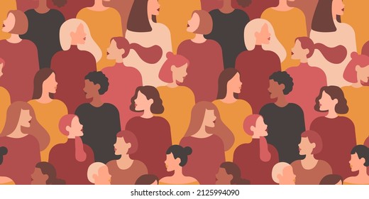 Women's diverse faces of different ethnicities. Vector seamless pattern with women of different nationalities and cultures. Women's struggle for freedom, independence, equality.