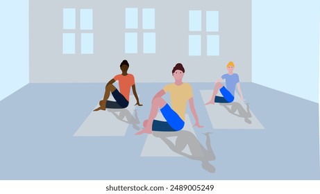 women's doing yoga together, flat vector stock illustration