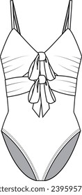 Women's Double Bow Front Bodysuit. Technical fashion illustration. Front, white color. Women's CAD mock-up.