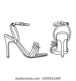 Women's Double Bowknots Sandals With Slingback Heels Square Toe Shoes Line Art, Technical sketch hand drawing outline vector doodle illustration, side and rear view isolated on white background