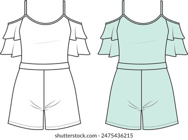 Manga doble volante de las mujeres, traje de juego de hombro frío. Ilustración técnica de la moda. Delantero, blanco y color menta. Modelo CAD para mujer.