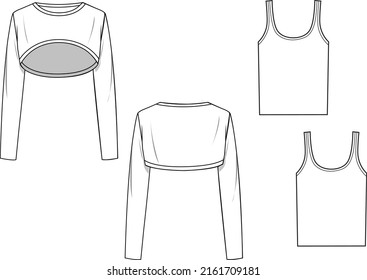 Women's Double Layer Knit Set. Knit set technical fashion illustration. Flat apparel knit set template front and back, white colour. Women's CAD mock-up.