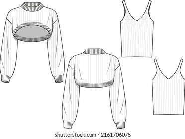 Women's Double Layer Rib Knit Set. Knit set technical fashion illustration. Flat apparel knit set template front and back, white colour. Women's CAD mock-up.