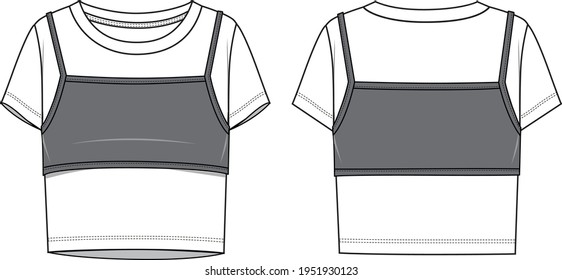 Women's Double Layer T-Shirt- Jersey top technical fashion illustration. Flat apparel top template front and back, white colour. Women's CAD mock-up.