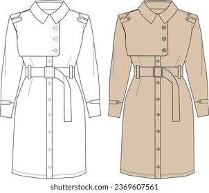 Women's double-breasted trench coat. Fashion sketch. Flat technical drawing. coat with belt, Female trench coat.