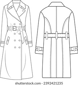 Women's double-breasted trench coat vector design, Women long coat, vector illustration, flat technical drawing.