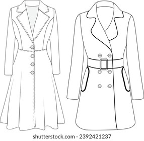 Women's double-breasted trench coat vector design, Women long coat, vector illustration, flat technical drawing.