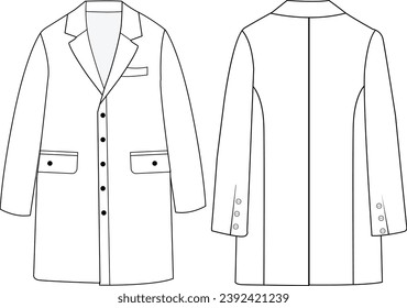 Women's double-breasted trench coat vector design, Women long coat, vector illustration, flat technical drawing.