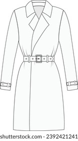 Women's double-breasted trench coat vector design, Women long coat, vector illustration, flat technical drawing.