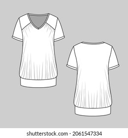 Womens Draping  Top Tee V Neck Shoulder Gathering  Fashion Tee Flat Sketch Technical Drawing Template Vector Design