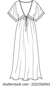 womens drawstring v neck maxi dress flat sketch vector illustration technical cad drawing template