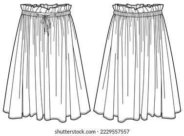 women's drawstring waist midi skirt flat sketch vector illustration technical cad drawing template