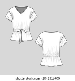 Womens drawstring waist ruffle sleeve v neck t shirt  top blouse fashion flat sketch technical drawing template cad design vector