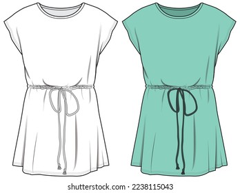 womens drawstring waist t shirt dress flat sketch vector illustration technical cad drawing template