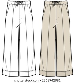 mujeres cintura de levadura largo pierna holgada trouser dibujo plano ilustración vectorial plantilla técnica de dibujo cad