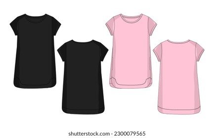 Womens dress design technical drawing fashion flat sketch vector illustration black and purple color template front and back views isolated on white background